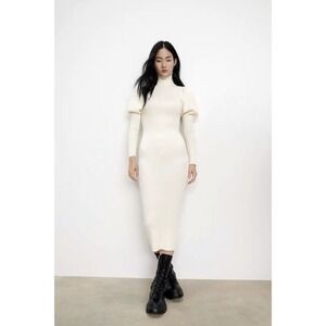 ZARA Quiet Luxury Ivory Cream Knit Long Puff Sleeve SMALL Turtleneck Midi Dress